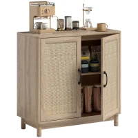 HOMCOM Sideboard Wohnzimmer, Aufbewahrungsmöbel mit 2 Rattan-Türen, höhenverstellbares Regal und abgerundete Kanten, 76 x 35 x 75,5 cm, Eiche(m-8)