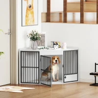 PawHut Hondenbox, Schuilbox voor Kleine en Middelgrote Honden, Huisdierbox met Voedingsdeur, MDF, Metaal, Wit(m-10)