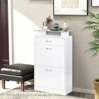 HOMCOM Móvel Sapateira de 2 Portas Sapateira Estreito para 12 Pares de Sapatos com Gaveta Prateleira Aberta e Bancada de Vidro para Corredor Entrada Carga Máx. 50kg 60x24x105,5cm Branco(m-11)
