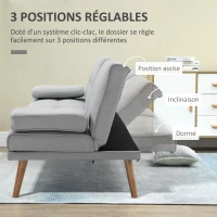HOMCOM Canapé convertible 3 places, canapé-lit rembourré avec dossier réglable 3 niveaux, 2 coussins et 2 porte-gobelets intégrés, tissu de lin, pour salon, chambre d'amis, petit espace, gris clair(m-5)