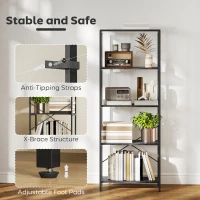 HOMCOM 5-Tier Bookshelf, Industrial Bookcase with Metal Frame - Dark Grey and Black(m-5)