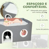 PawHut Casa para Gatos Dobrável com Arranhador 3 Entradas Bola Pendurada Almofada Reversível em Pelúcia e Tipo Linho 60x40x34 cm Cinza(m-6)