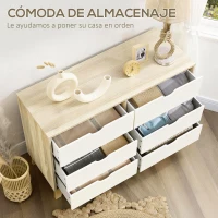 HOMCOM Cómoda con 6 Cajones Cajonera  para Dormitorio Salón Estudio Estilo Moderno 120x40x76 cm Natural y Blanco(m-4)