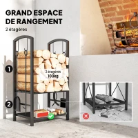 Outsunny Porte bûches - Range bûches Serviteur de cheminée - Multi Accessoires 2 étagères 40L x 30l x 75H cm métal Noir(m-4)