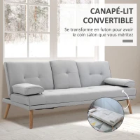 HOMCOM Canapé convertible 3 places, canapé-lit rembourré avec dossier réglable 3 niveaux, 2 coussins et 2 porte-gobelets intégrés, tissu de lin, pour salon, chambre d'amis, petit espace, gris clair(m-4)