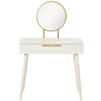 HOMCOM Tocador con Espejo Redondo Mesa de Maquillaje con 2 Cajones Estilo Moderno para Dormitorio Vestuario 80x40x123 cm Blanco(m-11)