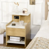 HOMCOM Mesilla de Noche con Puertos USB Toma de Corriente Cajón y Estantes Mesa de Noche 40x40x60 cm Natural(m-9)