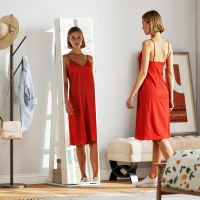 HOMCOM Espejo Joyero de Pie Armario Joyero con Luces LED y Cerradura Armario de Joyas con Espejo Integrada para Dormitorio Blanco con Veta de Madera(m-8)