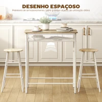 HOMCOM Conjunto de Móvel Bar com Mesa Alta e 2 Bancos com Prateleira de Armazenamento e Estrutura de Metal 80x50x90cm Branco e Madeira(m-5)