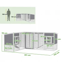 PawHut Cotet pentru găini casă din lemn în formă de L cu 2 case, 2 niveluri, zonă de alergare, rampă, 251 x 192 x 103 cm Gri(m-3)