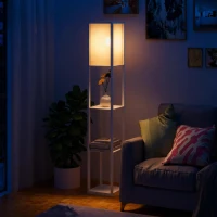 HOMCOM Lampada da Terra 40W con 3 Mensole e Interruttore a Pedale, in Legno e PS, 26x26x160 cm, Bianco(m-11)