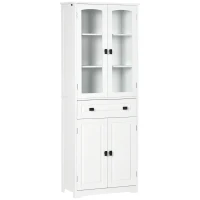 HOMCOM Credenza da Cucina Alta con 2 Armadietti e Cassetto, Ante a Vetri e Ripiani Regolabili, 60x30x160cm, Bianco(m-1)