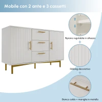 Credenza Elegante con 2 Ante e 3 Cassetti,  Design Moderno con Maniglie Decorative Oro, per Soggiorno e Camera da Letto, Bianco(m-5)