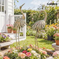 Outsunny Conjunto de 2 Estátuas de Jardim, Escultura de Garça em Metal, Estátuas de Pássaros 91/95cm, para Pátio, Lago, Terraço, dourado/azul(m-4)