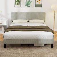 HOMCOM Cadre de lit 160 x 200 cm, sommier à lattes en bois, tête de lit réglable, lit double rembourré en velours côtelé, gris(m-9)