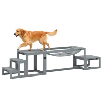 PawHut Agility Set Hunde 3-teiliges Set Agility-Ausrüstung mit Brücke, Treppe, Plattform, Tannenholz, 117 x 50 x 56 cm, Grau(m-11)
