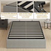 HOMCOM Lit coffre 140 x 190 cm, cadre de lit double rembourré, sommier à lattes en bois, rangement caché, sans bruit, gris(m-7)