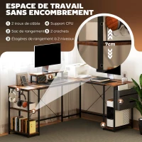 HOMCOM Bureau d'angle réversible, 168-240 cm, bureau d'ordinateur avec étagère réglable, support d'écran, brun rustique(m-4)