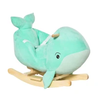 HOMCOM Jouet à Bascule Baleine - Effet sonore Chant Baleine - Fauteuil intégré, Ceinture de sécurité - Bois peuplier Peluche Courte Polyester Turquoise Clair(m-1)