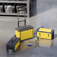 HOMCOM Caja de Herramientas con Ruedas Apilable Carro de Herramientas de Acero con Bandeja Mango Telescópico Amarillo y Negro(m-8)