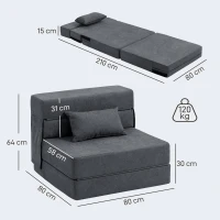 HOMCOM Folding Sofa Chair Convertible to Chaise Longue and Mattress, 80x80x64 cm, Dark Grey(m-3)