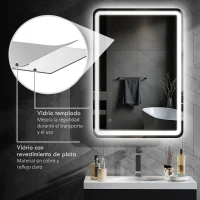 HOMCOM Espejo de Baño con Luces LED 70x100 cm 3 Colores de Luz Brillo Regulable Función Antivaho Función de Memoria IP44(m-7)