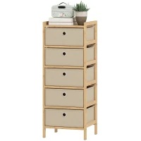 HOMCOM Commode avec 5 tiroirs en tissu Structure en bambou Commode pour petits espaces Crème et naturel(m-1)