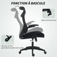 HOMCOM Chaise bureau, fauteuil de bureau, accoudoirs relevables 3D, hauteur réglable, dossier en maille, 64x65x108-118cm, noir(m-8)
