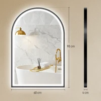 HOMCOM Espelho de Casa de Banho com Luz 60x90 cm Espelho de Parede Arqueado 3 Cores de Luz Brilho Regulável Função Antiembaçiamento Preto(m-3)