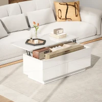 HOMCOM Mesa de centro regulable en altura, mesa de salón moderna con compartimento oculto y 2 cajones, blanco alto brillo(m-2)
