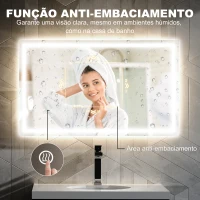 HOMCOM Espelho Casa de Banho com Luz LED 100x60 cm Espelho de Parede com Iluminação Anti-Embaciamento Brilho Ajustável e Interruptor Tátil(m-5)