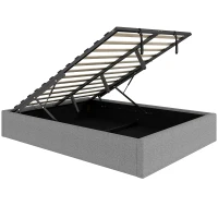 HOMCOM Lit coffre 140 x 190 cm, cadre de lit double rembourré, sommier à lattes en bois, rangement caché, sans bruit, gris(m-1)