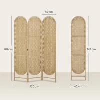 HOMCOM Paravent interieur ovale 3 panneaux 120 x 170 cm séparateur de pièce pliable, léger et tissé, bois naturel(m-3)