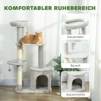 PawHut Drapak dla kotów 114 cm z jaskinią, słupkami sizalowymi, platformą, piłką, wielopoziomowy, dla kotów średniej wielkości do 6 kg, Jasnoszary(m-5)