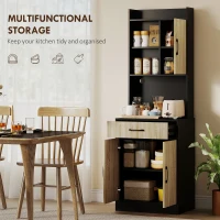 HOMCOM Szafka kuchenna wysoka z 3 drzwiami, szufladą, witryną z 3 otwartymi półkami, półką na mikrofalówkę, otworem na kable, szafka na zapasy do kuchni, salonu, czarna(m-4)
