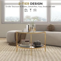 Stolik HOMCOM: Okrągły stolik pomocniczy z półką, stalowy stelaż, stolik kawowy, szafka nocna do salonu, sypialni, złoty, Ø60 x 43 cm(m-4)