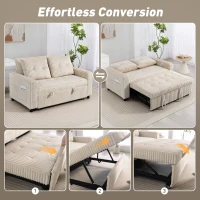 Sofa HOMCOM, 2-osobowa, 157 x 190 cm z funkcją spania, regulowane oparcie, sofa z poduszkami, wykończenie kordem, sofa z funkcją spania z uchwytami na kubki i bocznymi kieszeniami, kremowa(m-4)