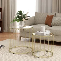 HOMCOM Round Coffee Table Set of 2, Glass Nest of Tables with Metal Frame and Tempered Glass Tabletop, Modern Side Tables for Living Room, Gold Tone(m-2)