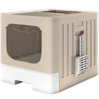 PawHut Foldable Cat Litter Box with Lid, Slide-Out Drawer, Scoop, Easy Clean, Odour Control, Anti-Splashing, Khaki(m-11)