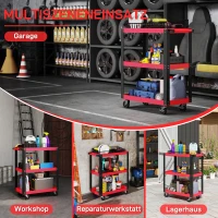 HOMCOM Heavy Duty Tool Trolley, 120kg Capacity 3-Tier Tool Trolley on Wheels with Lockable Casters and Handle, Utility Service Cart for Garage and Workshop, Red(m-4)