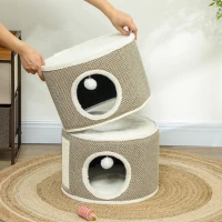 PawHut 56cm Cat Condo Barrel Tower, Small Cat Tree for Indoor Cats with Plush Platform, Toy Ball, Coffee(m-7)