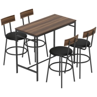 HOMCOM 5-Piece Counter Height Bar Table Set with 4 Stools, Industrial Dining Table Set for 4 with Footrest and Steel Frame for Small Spaces, Kitchen, Dining Room, Brown