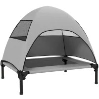 PawHut Elevated Dog Bed with Removable Canopy, Pet Bed with Storage Bag for Indoor Outdoor, for Small Medium Dogs, 76 x 61 x 71 cm, Light Grey(m-1)