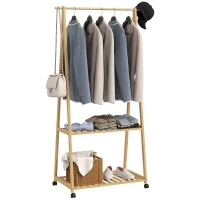 HOMCOM Bamboo Clothes Rail Rack with 2 Storage Shelves and 2 Hooks, Freestanding Open Wardrobe Coat Stand with Wheels for Entryway, Bedroom, Natural Wood Effect(m-11)