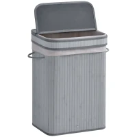 Kosz na pranie bambusowy 70L z pokrywą i uchwytami, szary(m-10)