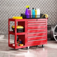 HOMCOM Carrinho de Ferramentas com 7 Gavetas Estante de 3 Níveis Removível Sistema de Fecho Central Asa 2 Rodas com Travão Vermelho(m-2)