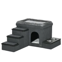 Domek PawHut dla kota z schodami, dom dla kota z 2 miskami ze stali nierdzewnej, łóżko dla kota, dom dla psa z poduszką, dla kotów, psów do 8 kg, poliester, 78 x 48 x 49,5 cm, Szary(m-1)