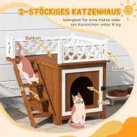 PawHut Wooden Cat House, Two-Floor Cat Shelter with Balcony, Stairs, Indoor Outdoor Small Pet Condo for Rabbits, Cats, Brown(m-4)