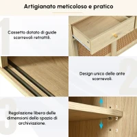 Credenza in Rattan, con 3 Cassetti e 3 Ante Scorrevoli per Cucina e Soggiorno, Maniglie in Metallo Doratoe Gambe in Legno, 120x40x78 cm, Colore Naturale(m-5)