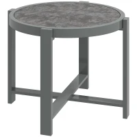 Outsunny Round Small Garden Table, 60cm Outdoor Side Table with Faux Marble Tempered Glass Top, Aluminium Frame for Garden, Patio, Balcony, Grey(m-1)